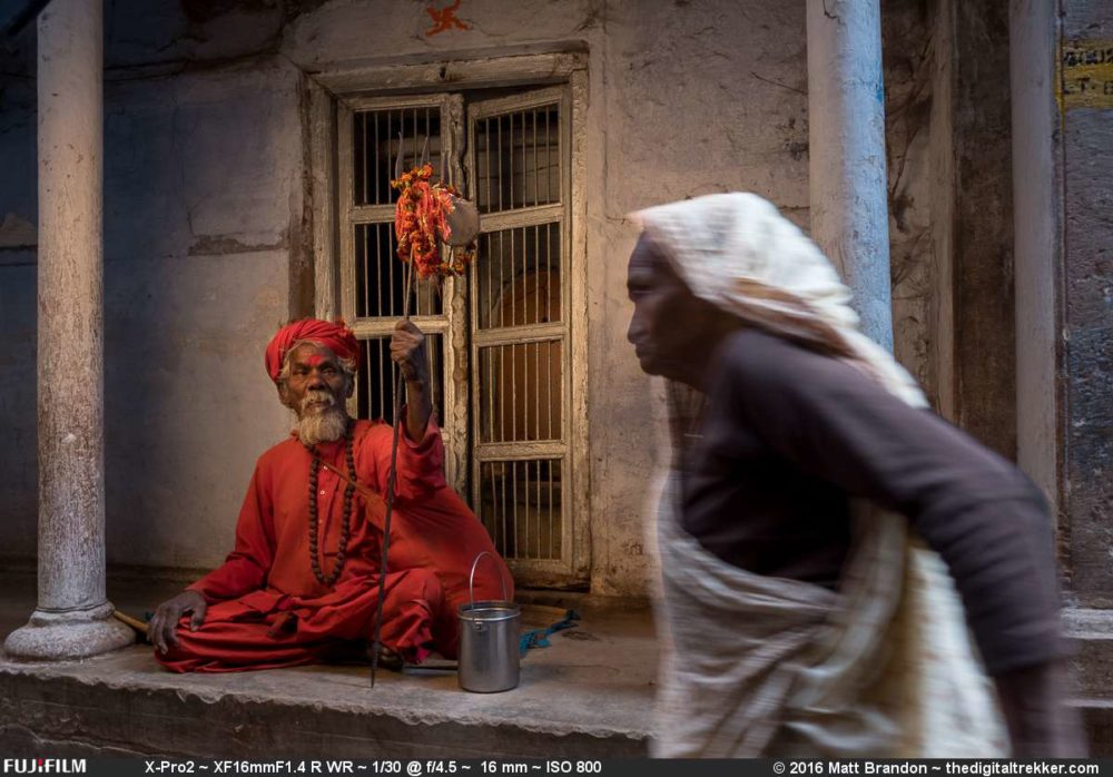 A sadhu watches a lady pass by as we photograph him with the X-Pro2.